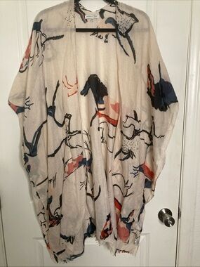 Woven Heart Kimono Top White Multicolor Horses Boho Festival Topper Country Sz S